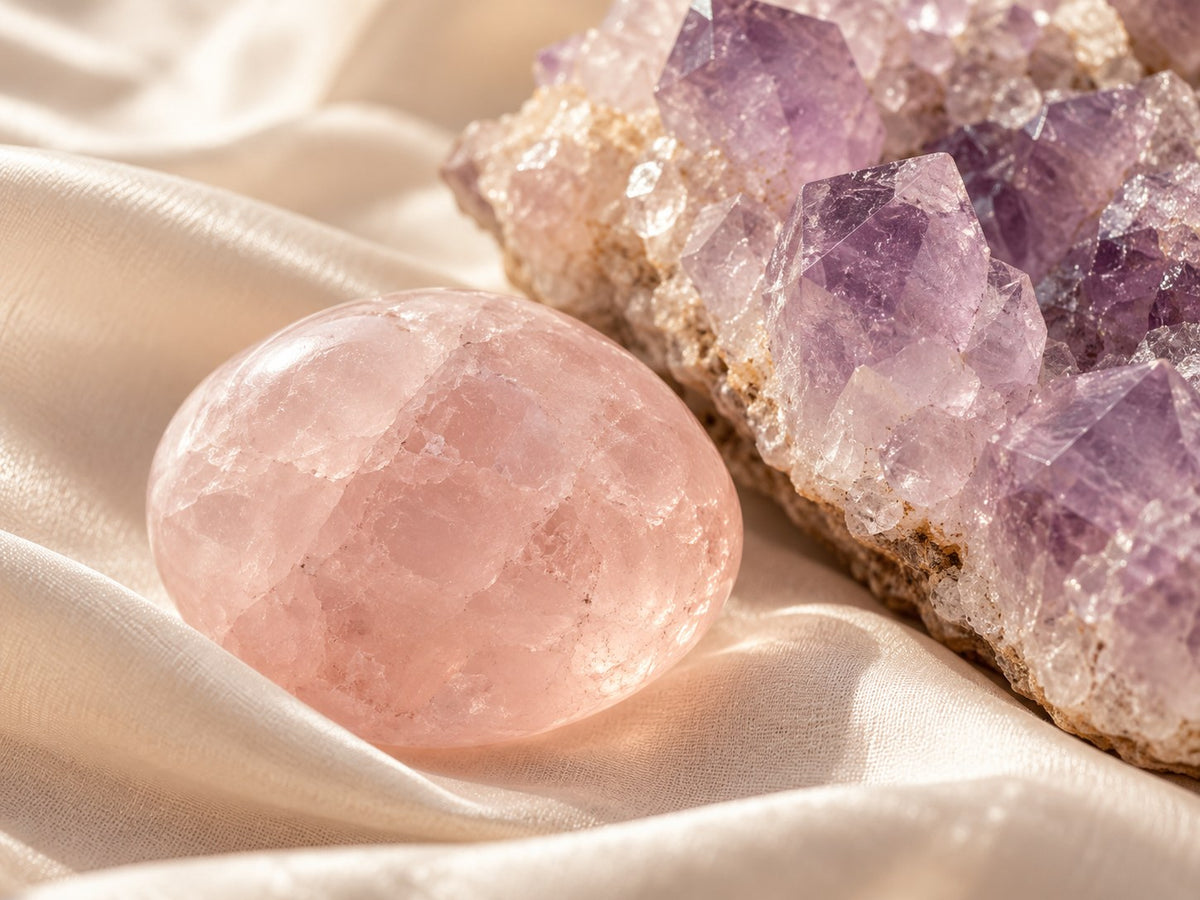 Gros plan de quartz rose et d’améthyste sur un tissu ivoire chaleureux.