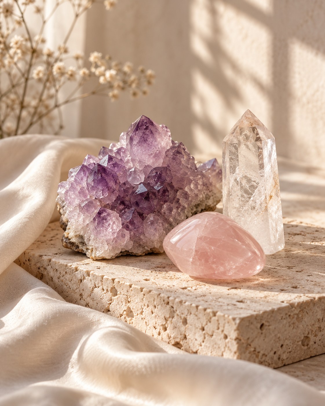Nature morte éditoriale d’améthyste, de quartz rose et de quartz transparent sur soie ivoire.